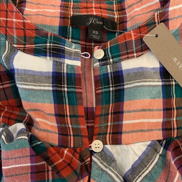 J.Crew Ruffle long sleeve blouse.Red, green, black, gold sparkle thread plaid XS - Picture 9 of 9
